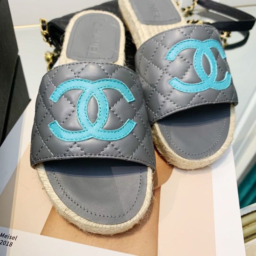 Chanel CC Quilted Espadrille Sandals Calfskin Leather Spring/Summer Collection Grey/Blue