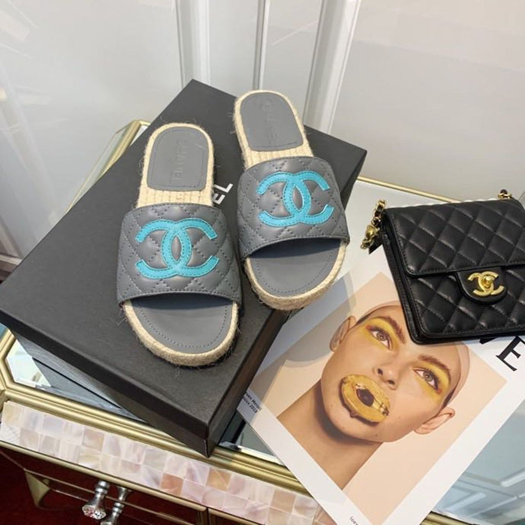 Chanel CC Quilted Espadrille Sandals Calfskin Leather Spring/Summer Collection Grey/Blue