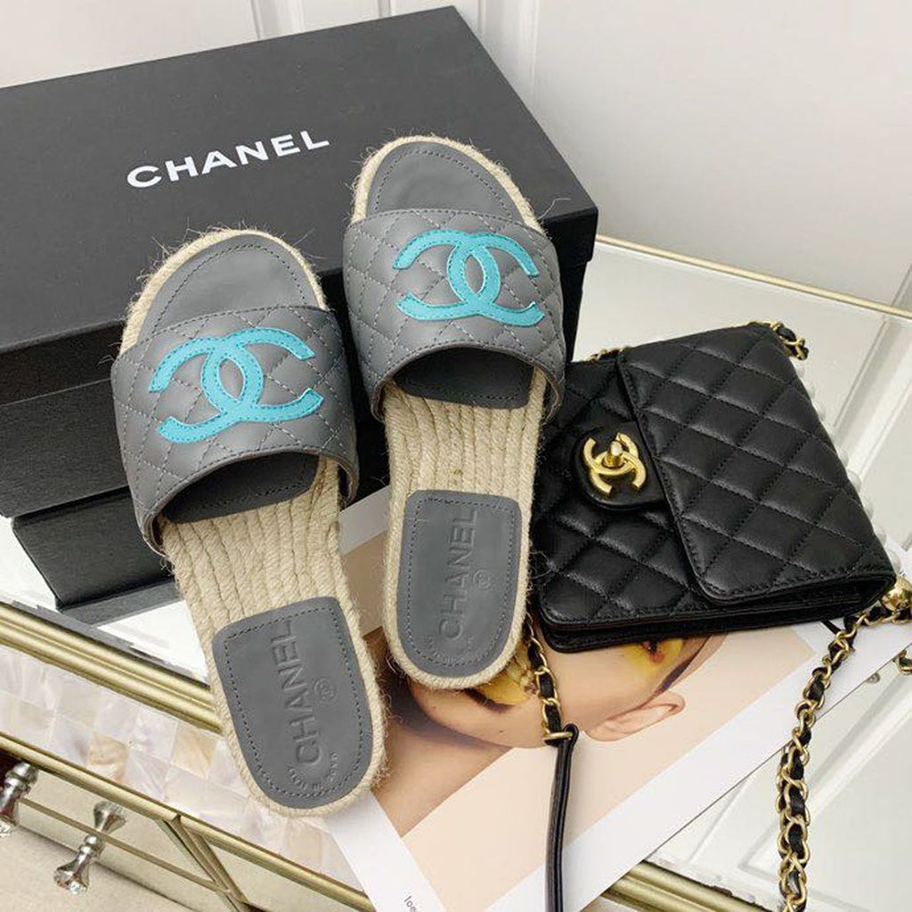 Chanel CC Quilted Espadrille Sandals Calfskin Leather Spring/Summer Collection Grey/Blue