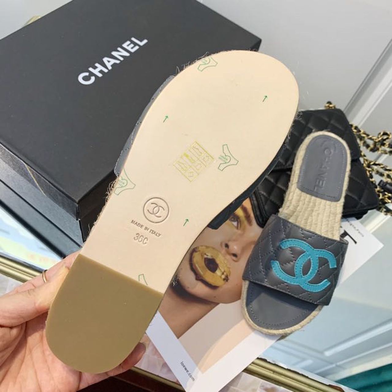 Chanel CC Quilted Espadrille Sandals Calfskin Leather Spring/Summer Collection Grey/Blue