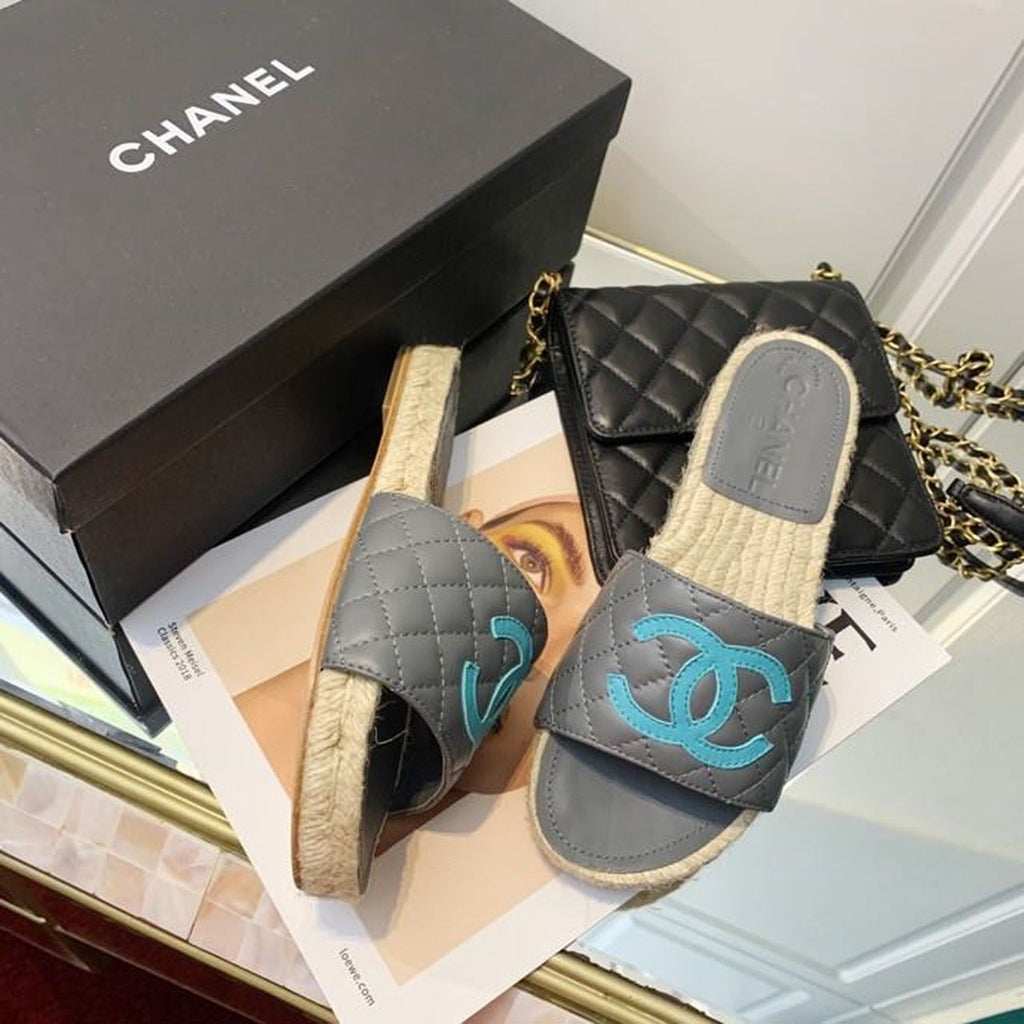 Chanel CC Quilted Espadrille Sandals Calfskin Leather Spring/Summer Collection Grey/Blue