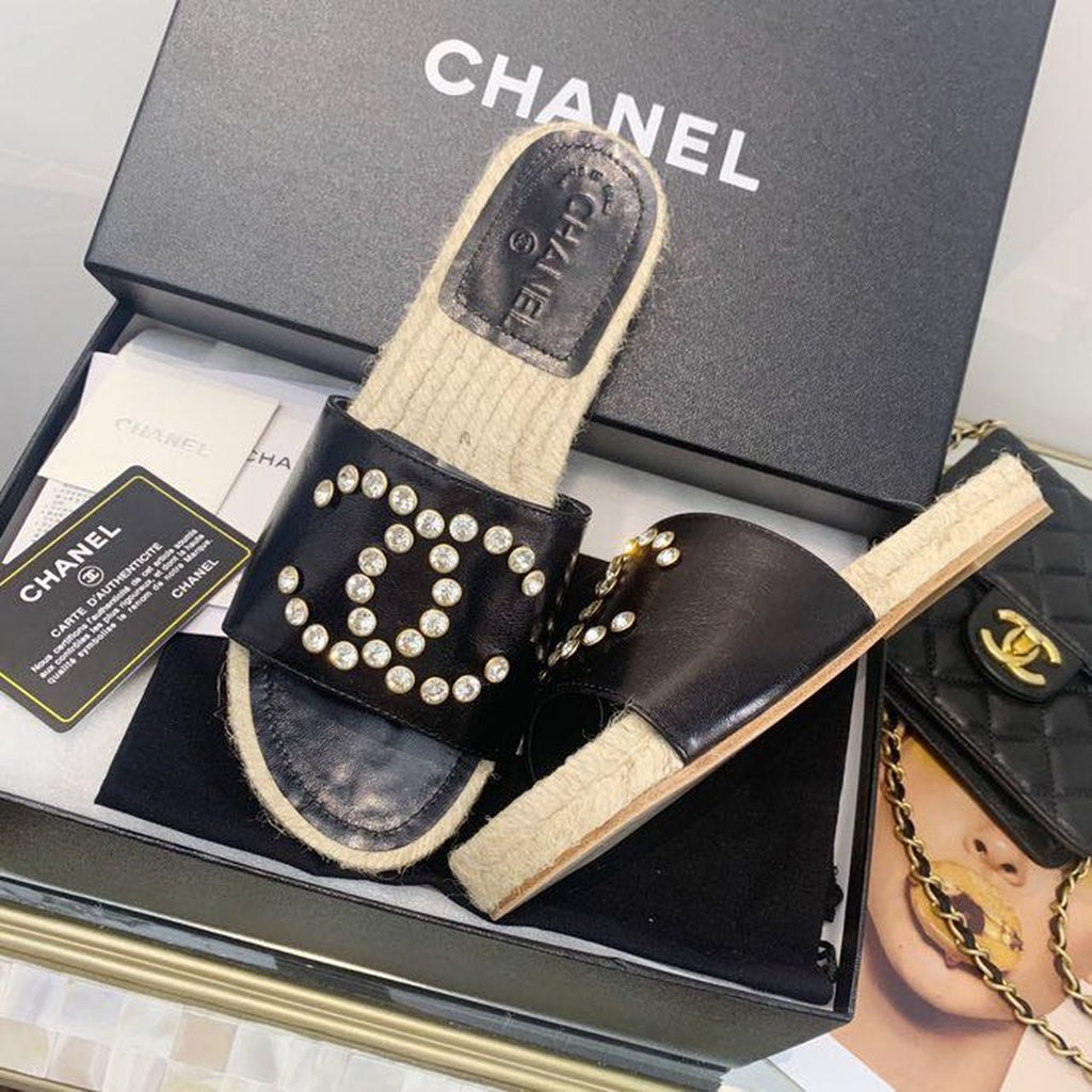 Chanel Crystal CC Espadrille Sandals Calfskin Leather Spring/Summer Collection, Black