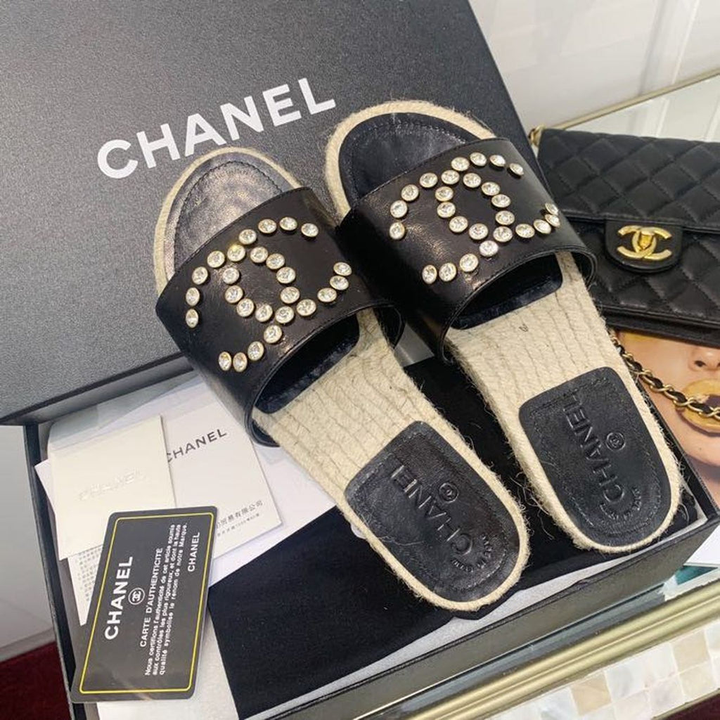 Chanel Crystal CC Espadrille Sandals Calfskin Leather Spring/Summer Collection, Black
