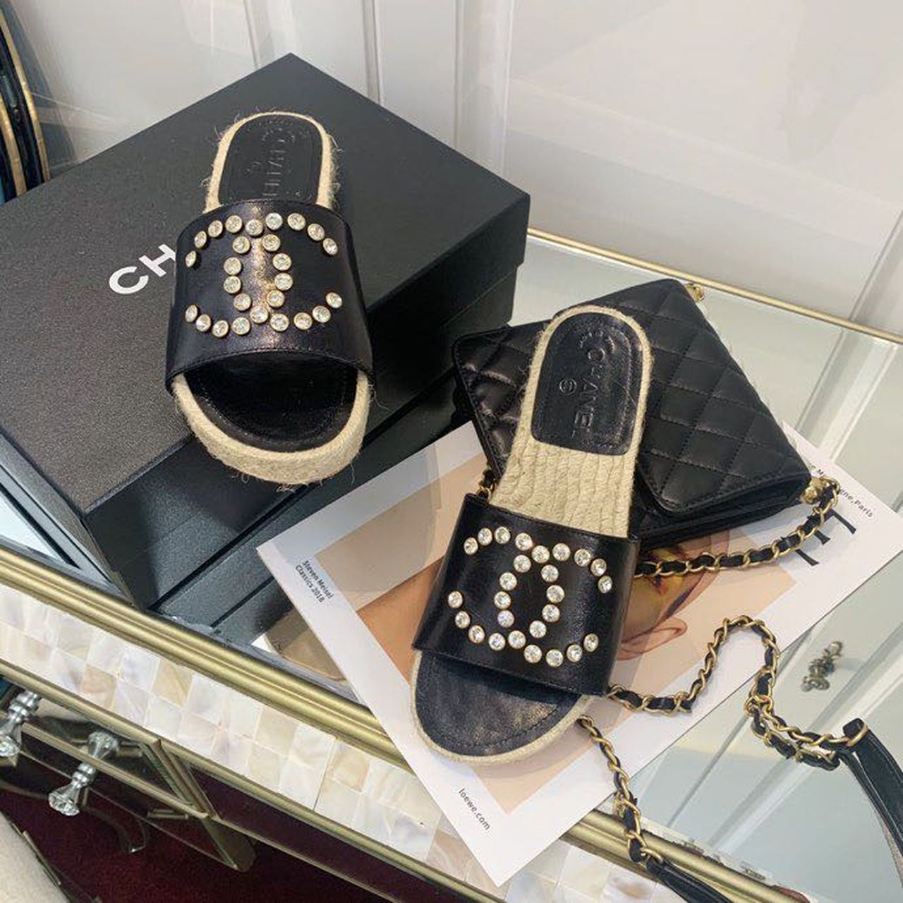 Chanel Crystal CC Espadrille Sandals Calfskin Leather Spring/Summer Collection, Black