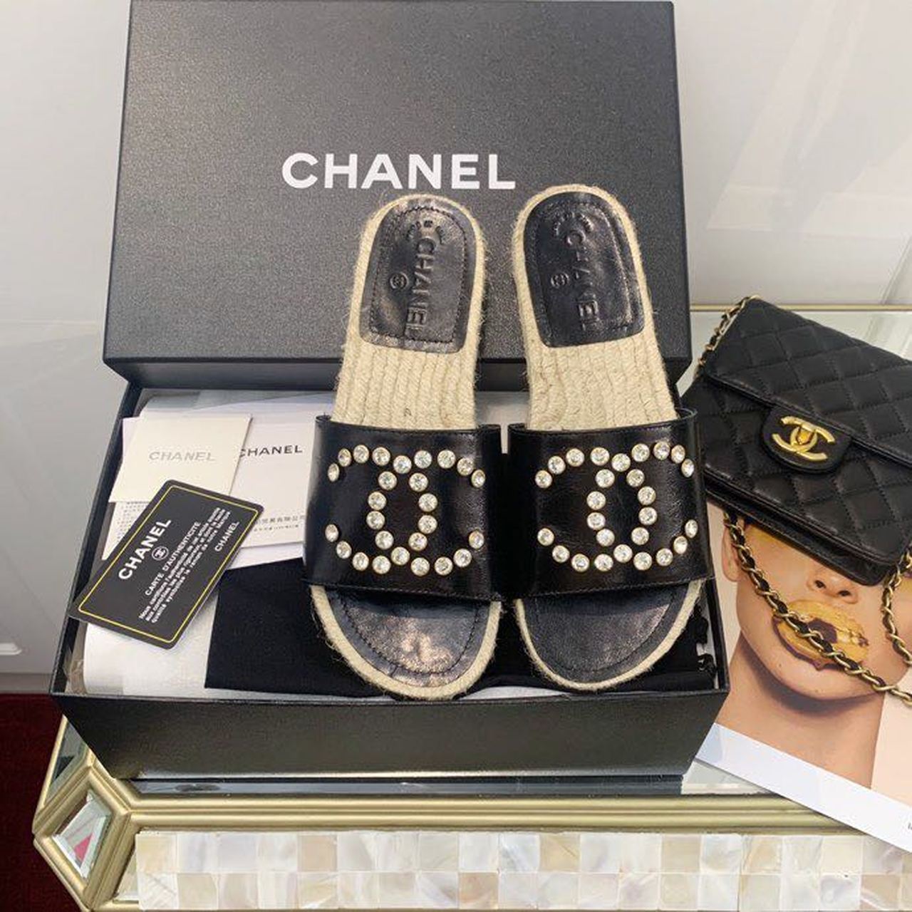 Chanel Crystal CC Espadrille Sandals Calfskin Leather Spring/Summer Collection, Black