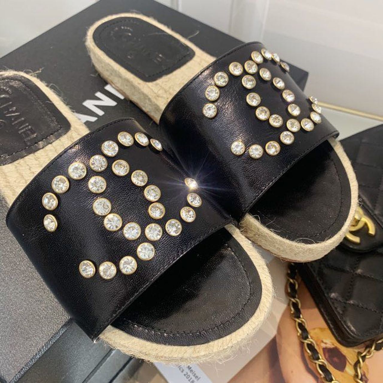 Chanel Crystal CC Espadrille Sandals Calfskin Leather Spring/Summer Collection, Black
