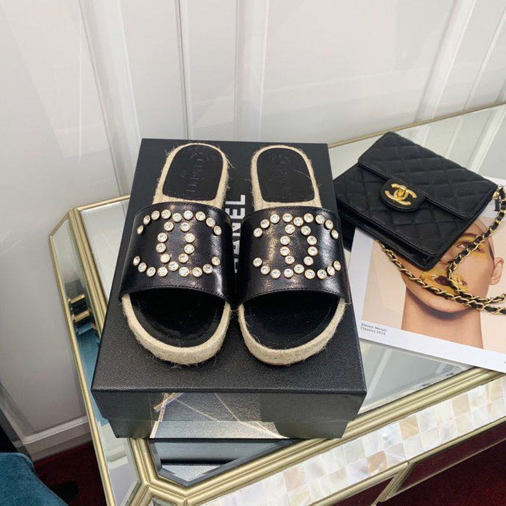 Chanel Crystal CC Espadrille Sandals Calfskin Leather Spring/Summer Collection, Black