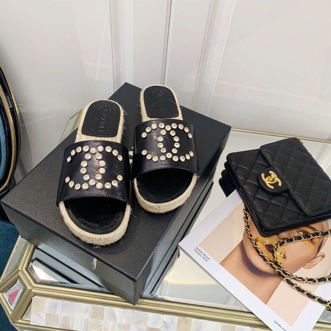 Chanel Crystal CC Espadrille Sandals Calfskin Leather Spring/Summer Collection, Black
