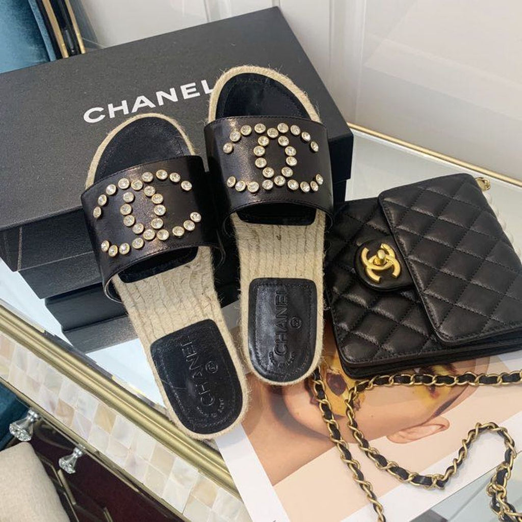 Chanel Crystal CC Espadrille Sandals Calfskin Leather Spring/Summer Collection, Black