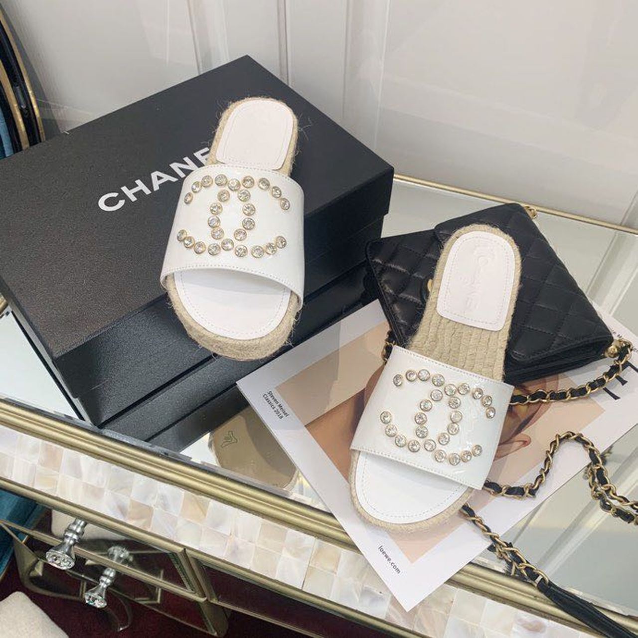 Chanel Crystal CC Espadrille Espadrille Sandals Calfskin Leather Spring/Summer Collection White