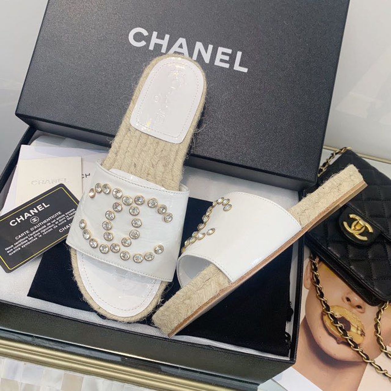 Chanel Crystal CC Espadrille Espadrille Sandals Calfskin Leather Spring/Summer Collection White