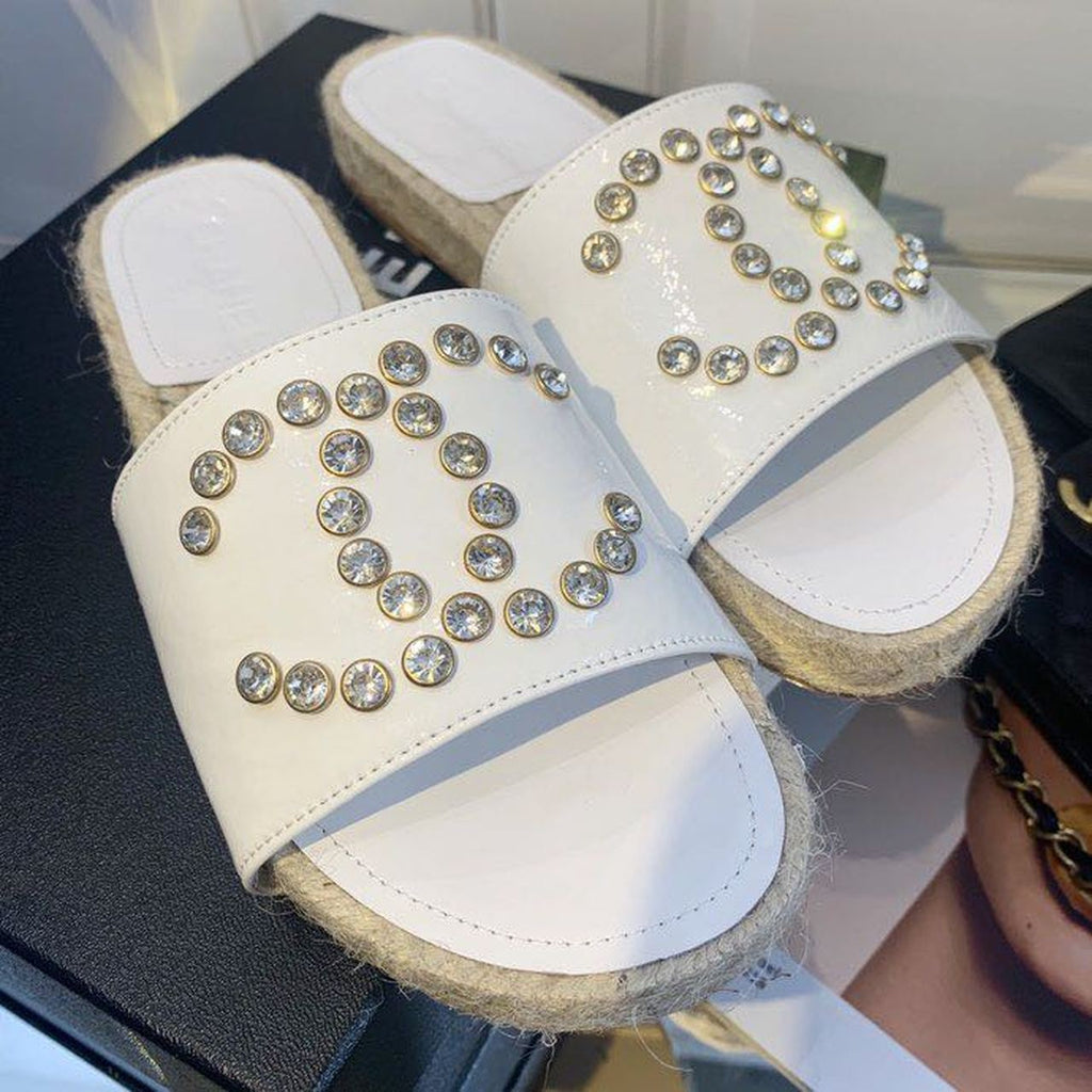 Chanel Crystal CC Espadrille Espadrille Sandals Calfskin Leather Spring/Summer Collection White
