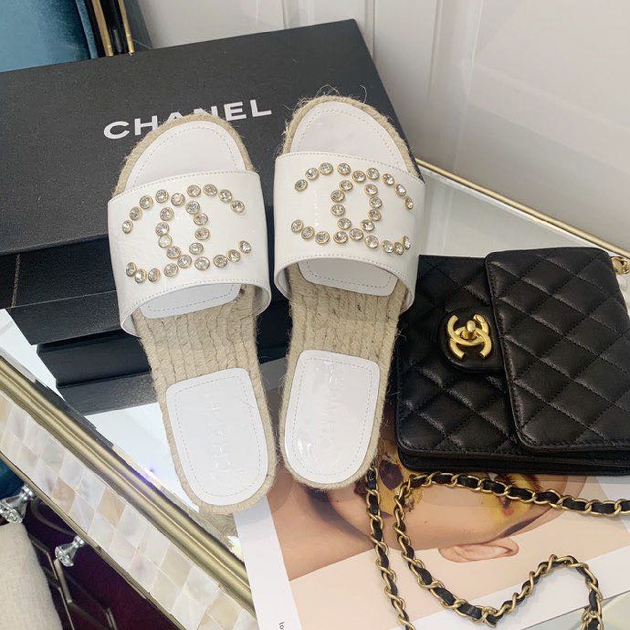 Chanel Crystal CC Espadrille Espadrille Sandals Calfskin Leather Spring/Summer Collection White