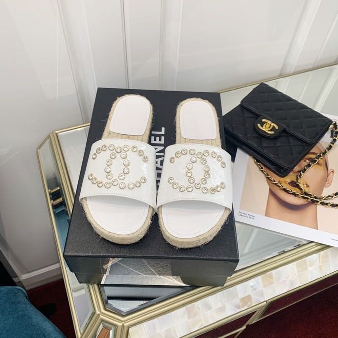 Chanel Crystal CC Espadrille Espadrille Sandals Calfskin Leather Spring/Summer Collection White