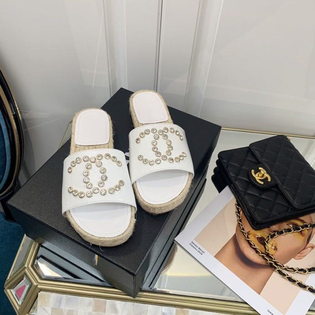 Chanel Crystal CC Espadrille Espadrille Sandals Calfskin Leather Spring/Summer Collection White