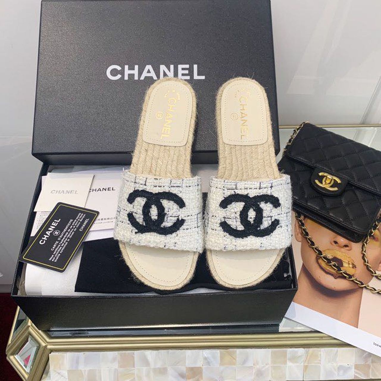 Chanel CC Espadrille Sandals Tweed/Calfskin Leather Spring/Summer Collection, Beige/Black
