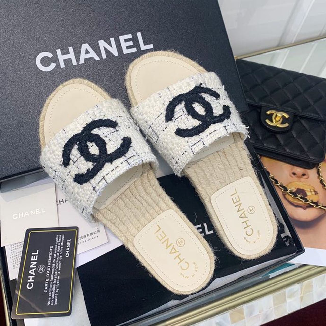 Chanel CC Espadrille Sandals Tweed/Calfskin Leather Spring/Summer Collection, Beige/Black
