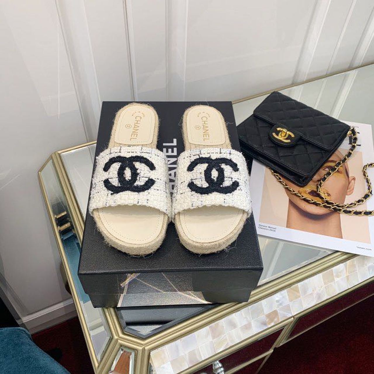 Chanel CC Espadrille Sandals Tweed/Calfskin Leather Spring/Summer Collection, Beige/Black