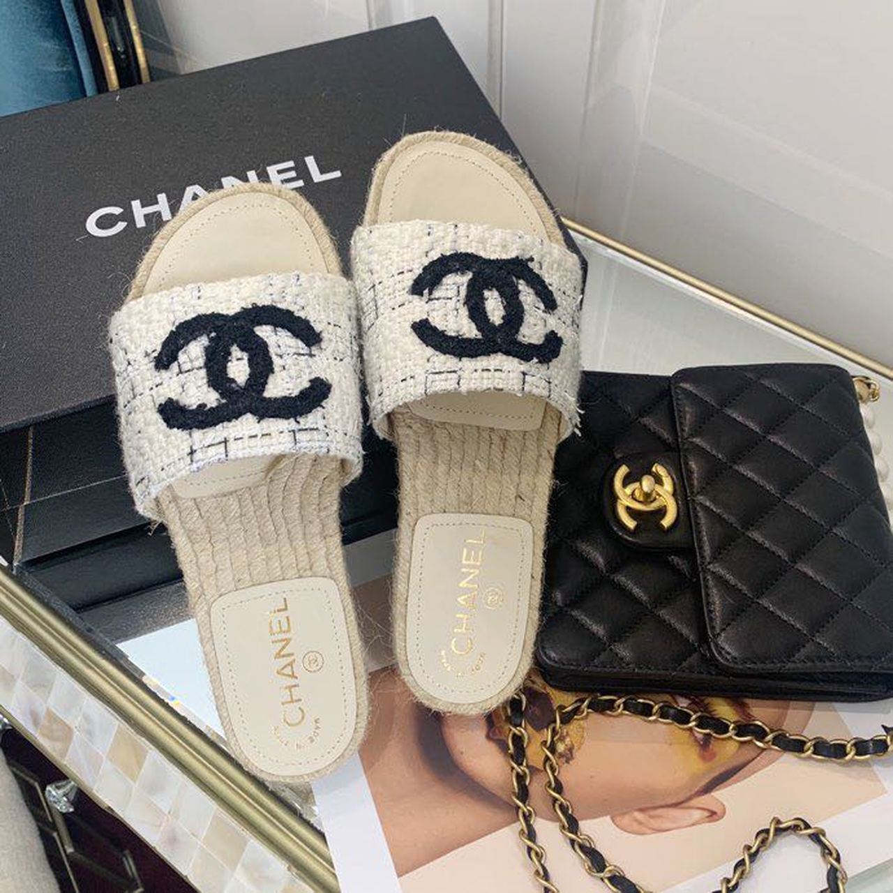 Chanel CC Espadrille Sandals Tweed/Calfskin Leather Spring/Summer Collection, Beige/Black