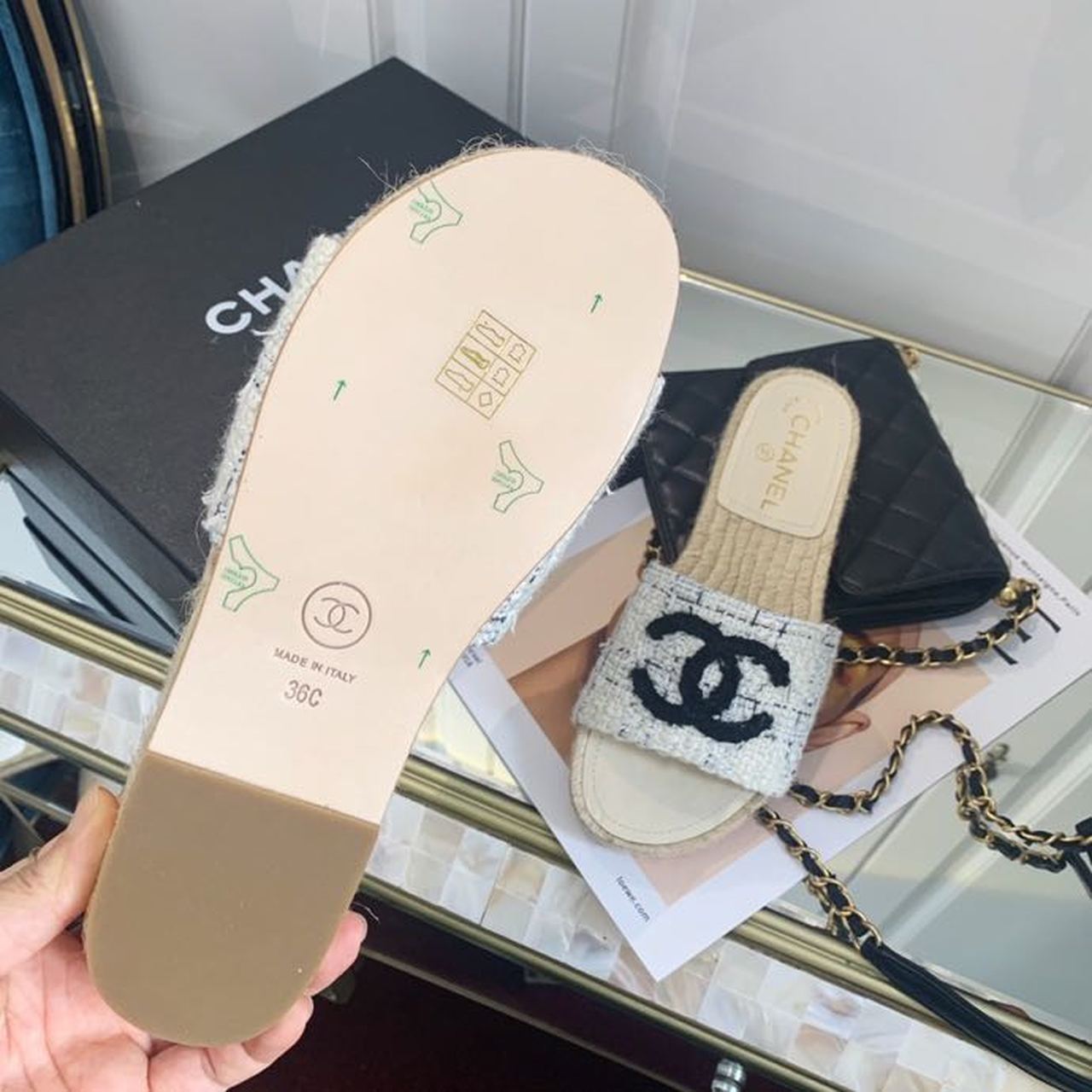 Chanel CC Espadrille Sandals Tweed/Calfskin Leather Spring/Summer Collection, Beige/Black