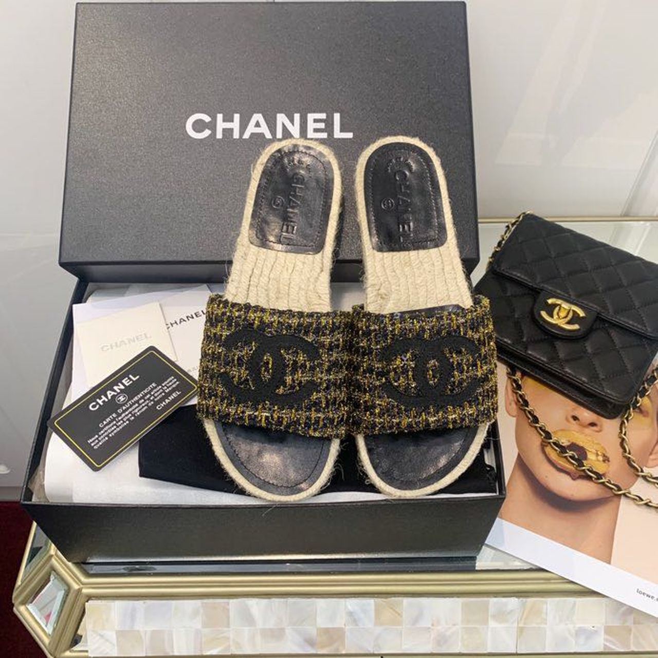 Chanel CC Espadrille Sandals Tweed/Calfskin Leather Spring/Summer Collection Black/Gold