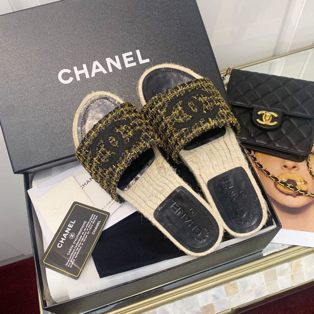 Chanel CC Espadrille Sandals Tweed/Calfskin Leather Spring/Summer Collection Black/Gold
