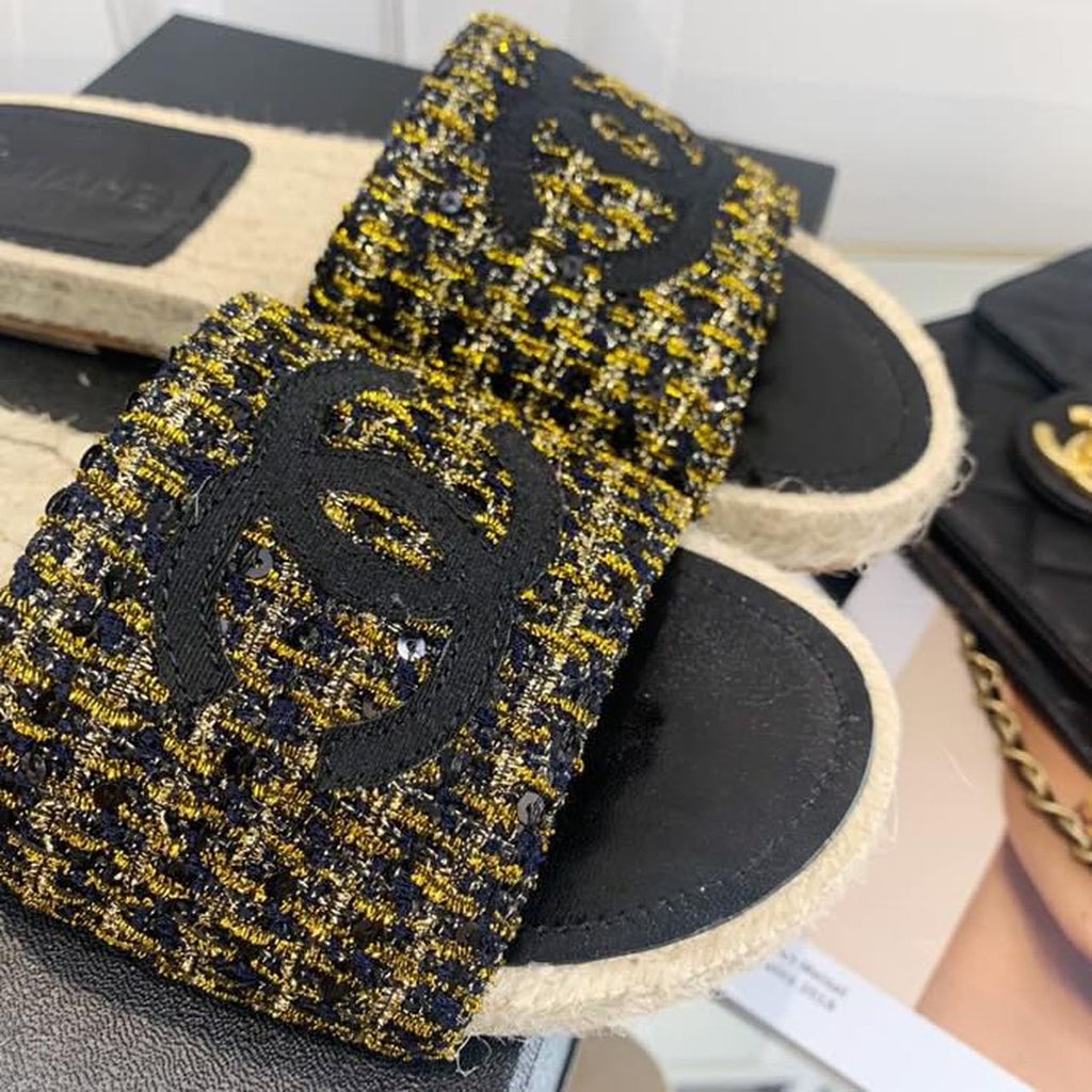 Chanel CC Espadrille Sandals Tweed/Calfskin Leather Spring/Summer Collection Black/Gold