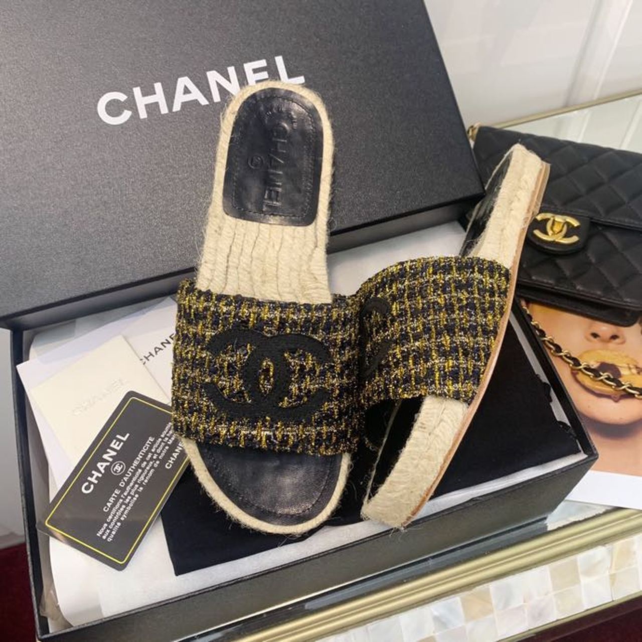 Chanel CC Espadrille Sandals Tweed/Calfskin Leather Spring/Summer Collection Black/Gold
