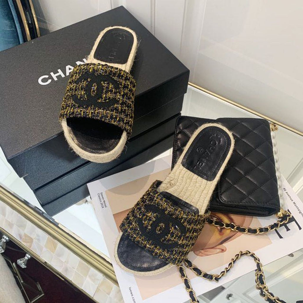 Chanel CC Espadrille Sandals Tweed/Calfskin Leather Spring/Summer Collection Black/Gold