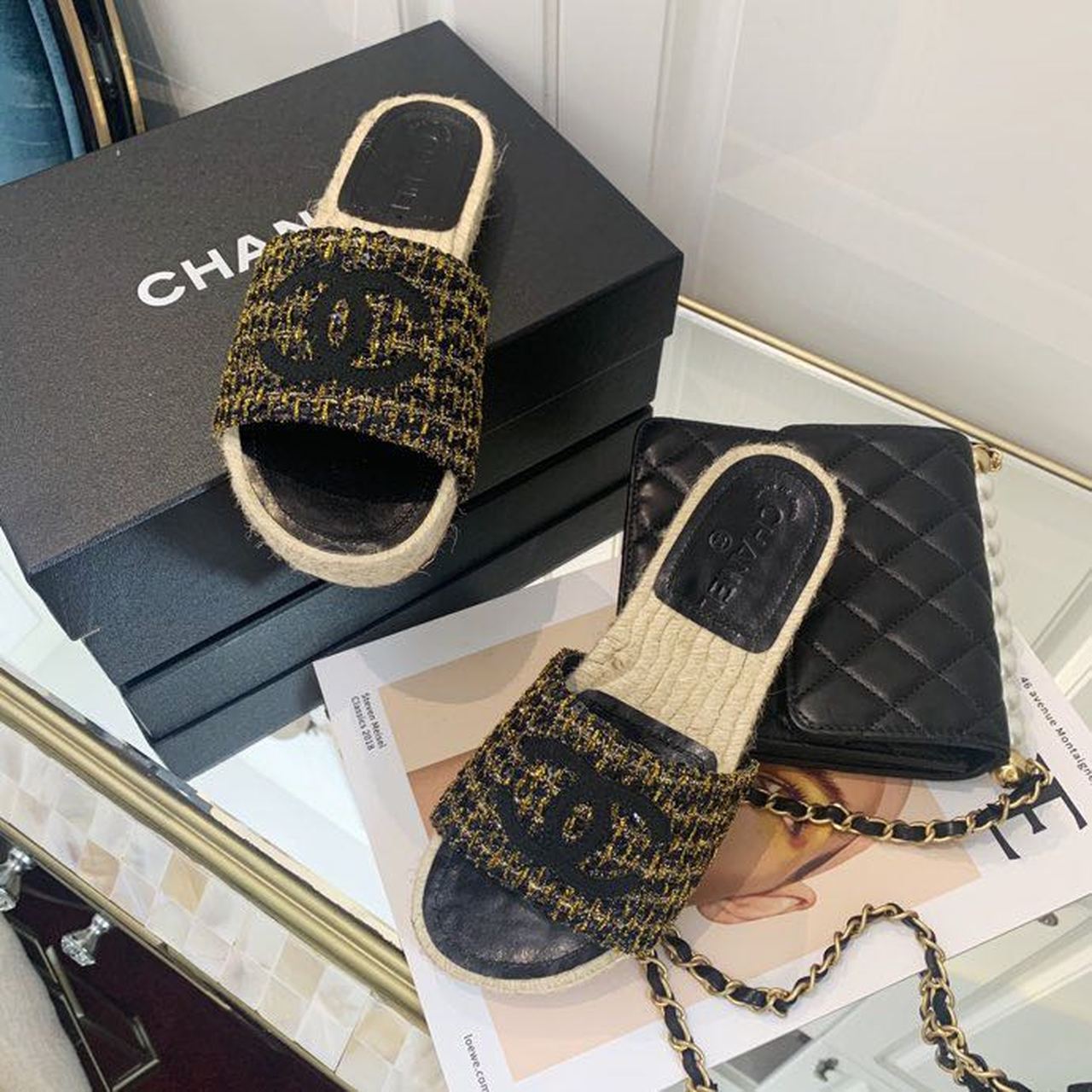Chanel CC Espadrille Sandals Tweed/Calfskin Leather Spring/Summer Collection Black/Gold