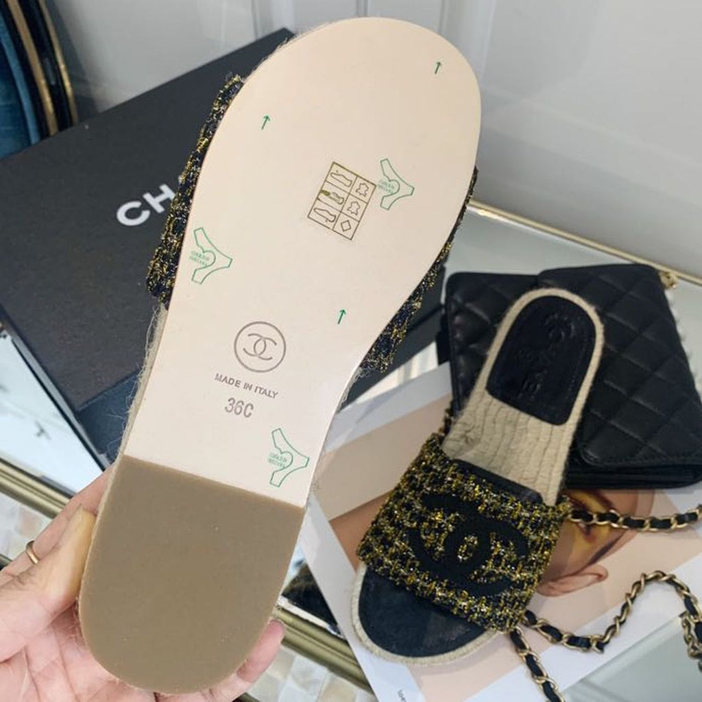 Chanel CC Espadrille Sandals Tweed/Calfskin Leather Spring/Summer Collection Black/Gold