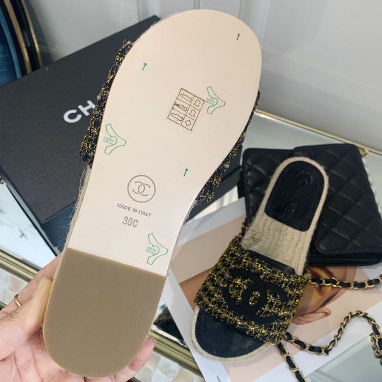 Chanel CC Espadrille Sandals Tweed/Calfskin Leather Spring/Summer Collection Black/Gold
