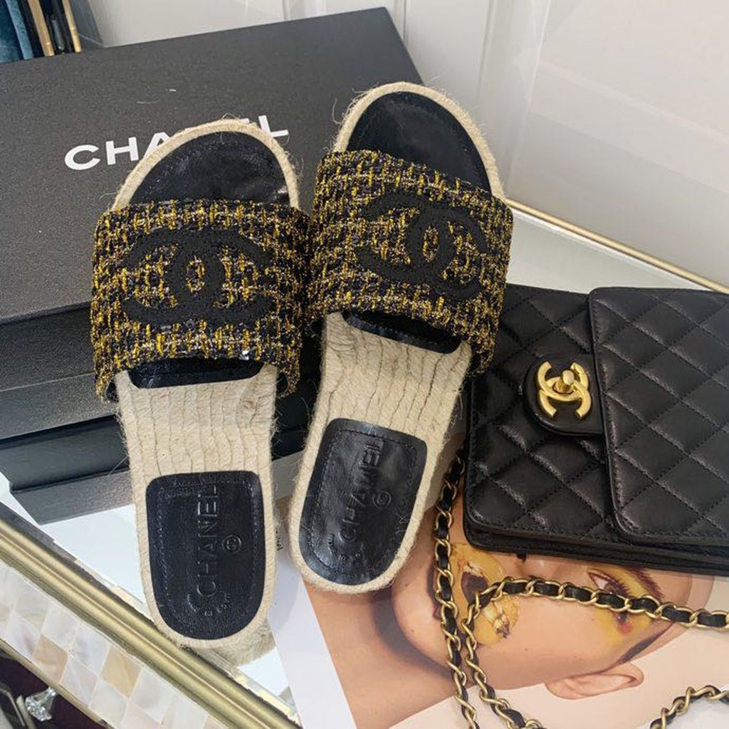 Chanel CC Espadrille Sandals Tweed/Calfskin Leather Spring/Summer Collection Black/Gold
