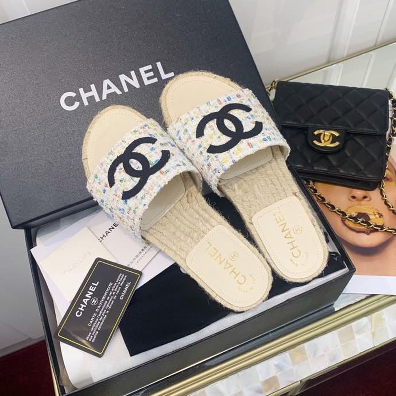 Chanel CC Espadrille Sandals Tweed/Calfskin Leather Spring/Summer Collection White/Multicolor