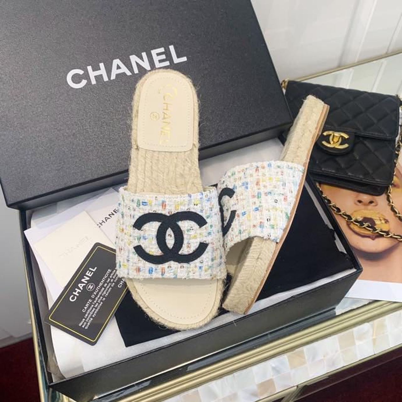 Chanel CC Espadrille Sandals Tweed/Calfskin Leather Spring/Summer Collection White/Multicolor