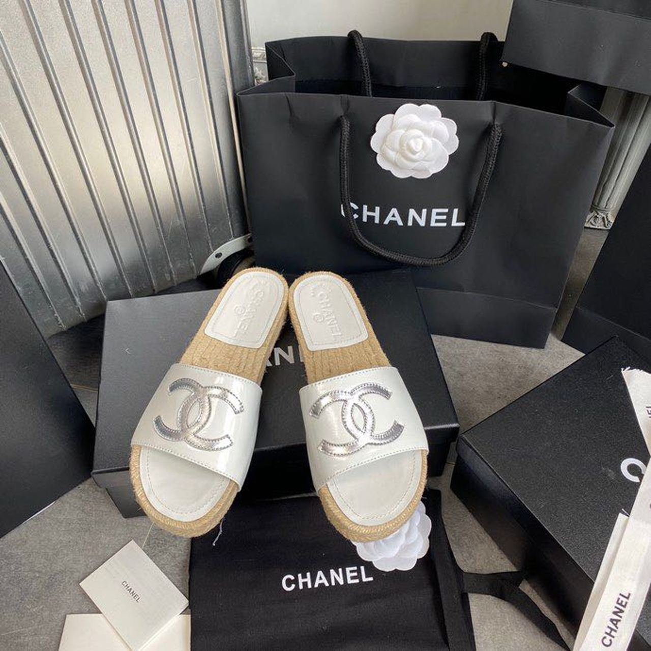Chanel CC Espadrille Sandals Calfskin Leather Spring/Summer Collection White/Silver
