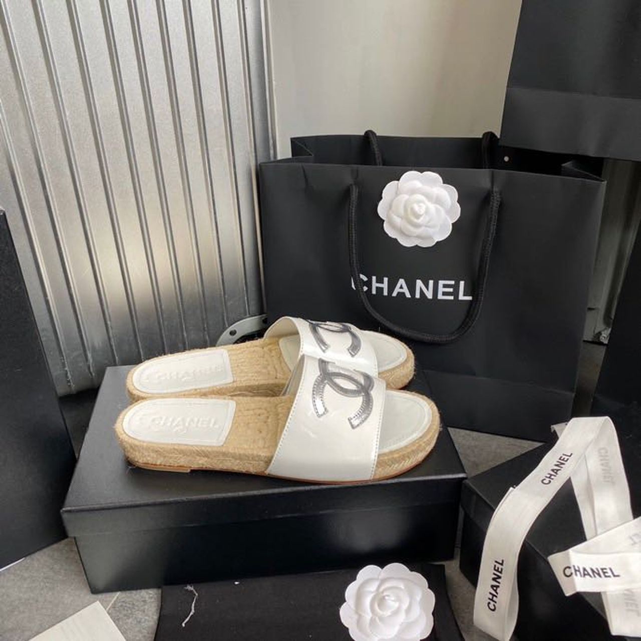 Chanel CC Espadrille Sandals Calfskin Leather Spring/Summer Collection White/Silver