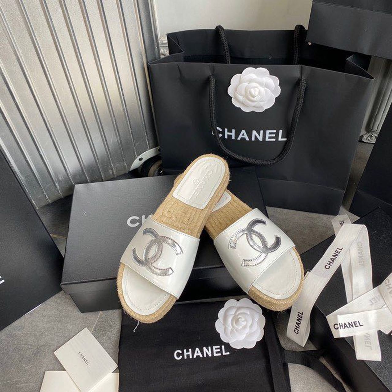 Chanel CC Espadrille Sandals Calfskin Leather Spring/Summer Collection White/Silver