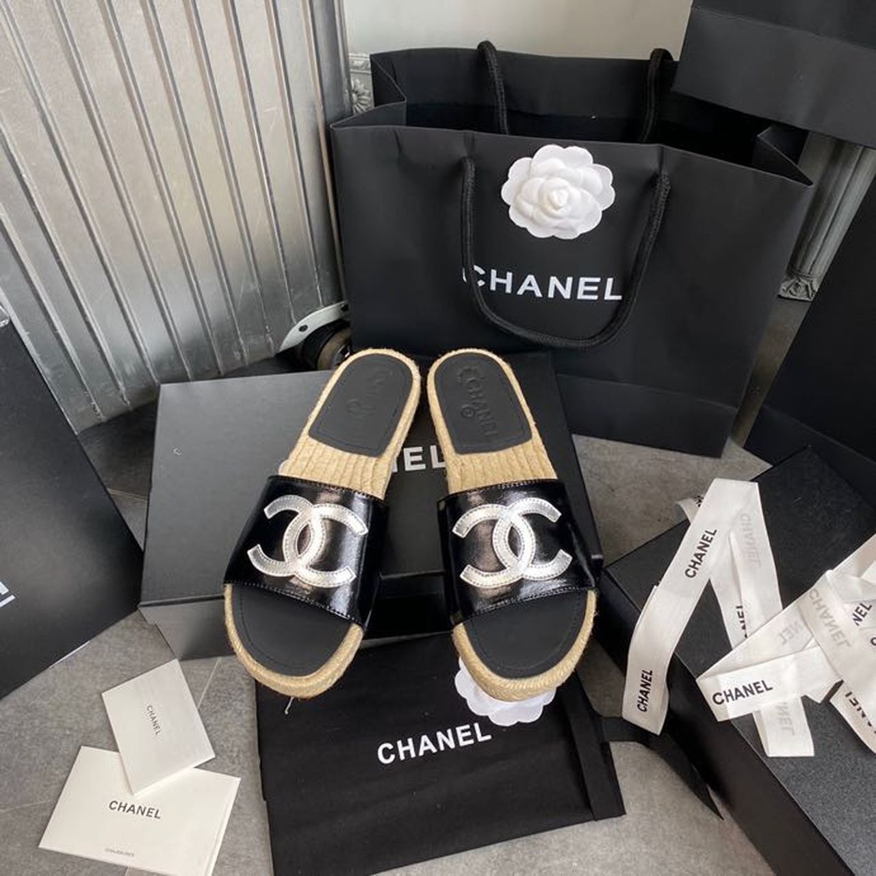 Chanel CC Espadrille Sandals Calfskin Leather Spring/Summer Collection Black/Silver