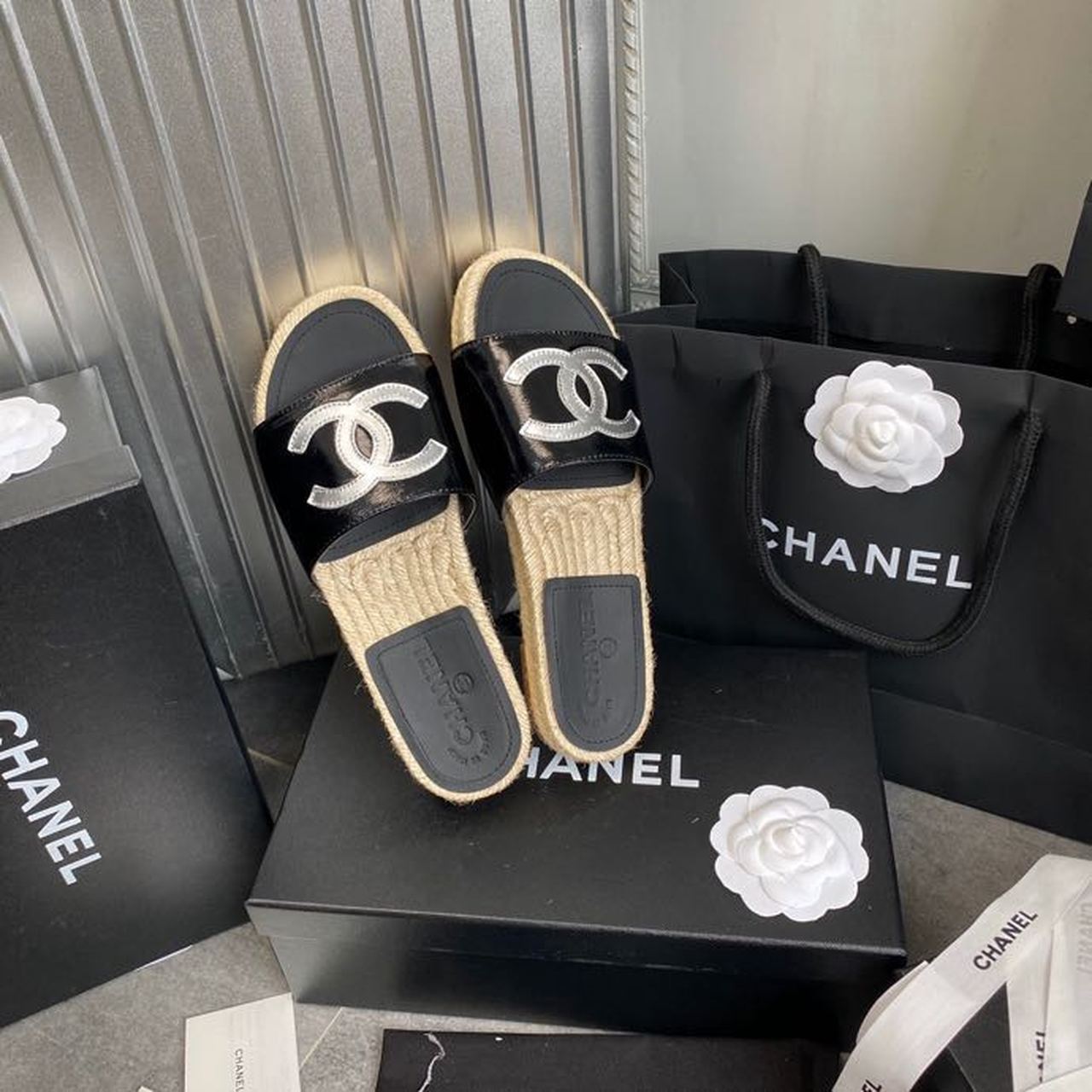Chanel CC Espadrille Sandals Calfskin Leather Spring/Summer Collection Black/Silver