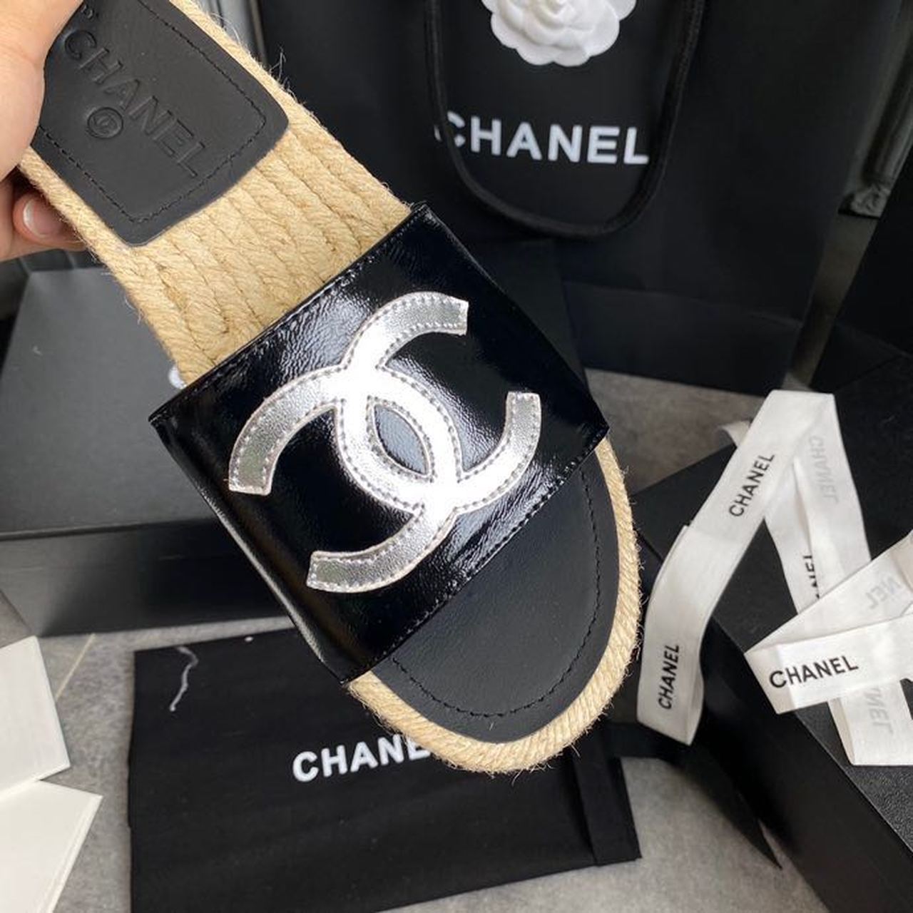 Chanel CC Espadrille Sandals Calfskin Leather Spring/Summer Collection Black/Silver