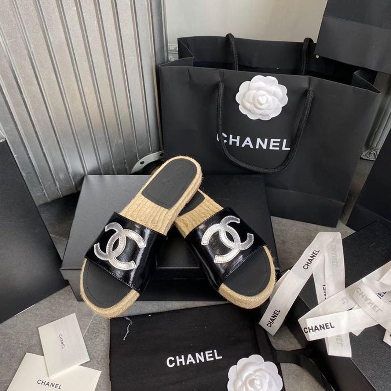 Chanel CC Espadrille Sandals Calfskin Leather Spring/Summer Collection Black/Silver