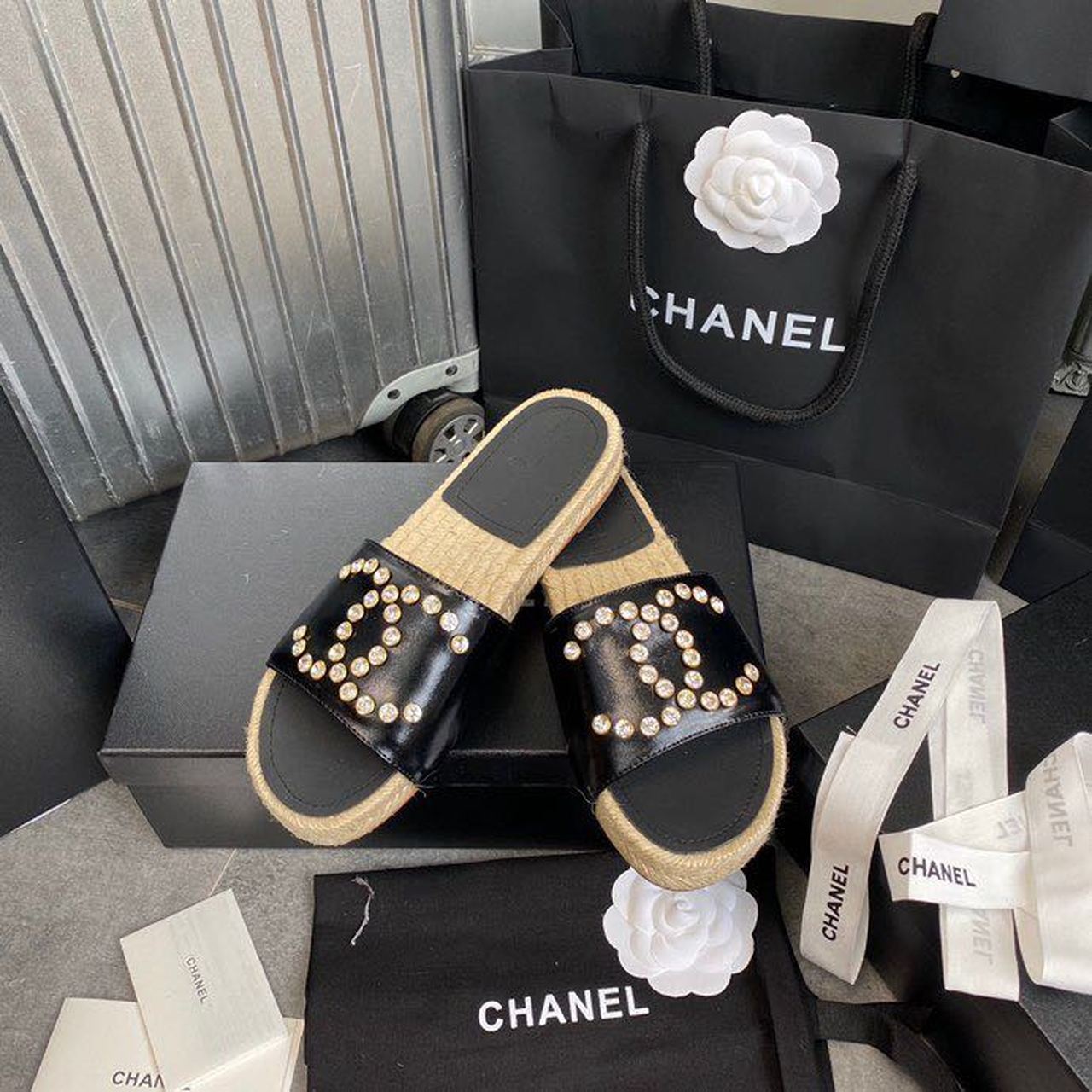 Chanel Crystal CC Espadrille Sandals Calfskin Leather Spring/Summer Collection Black