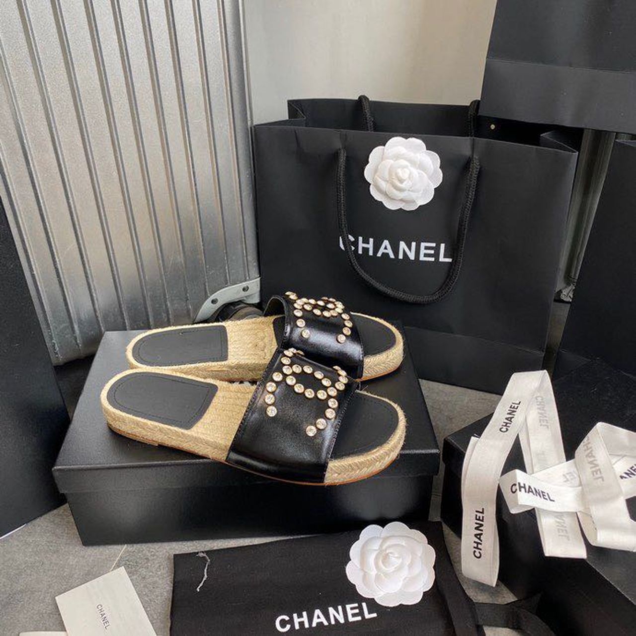 Chanel Crystal CC Espadrille Sandals Calfskin Leather Spring/Summer Collection Black