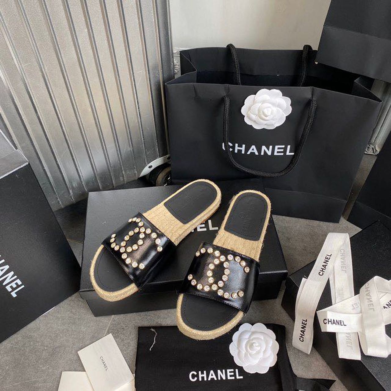 Chanel Crystal CC Espadrille Sandals Calfskin Leather Spring/Summer Collection Black