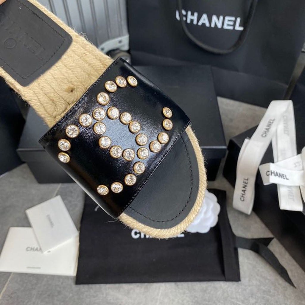 Chanel Crystal CC Espadrille Sandals Calfskin Leather Spring/Summer Collection Black