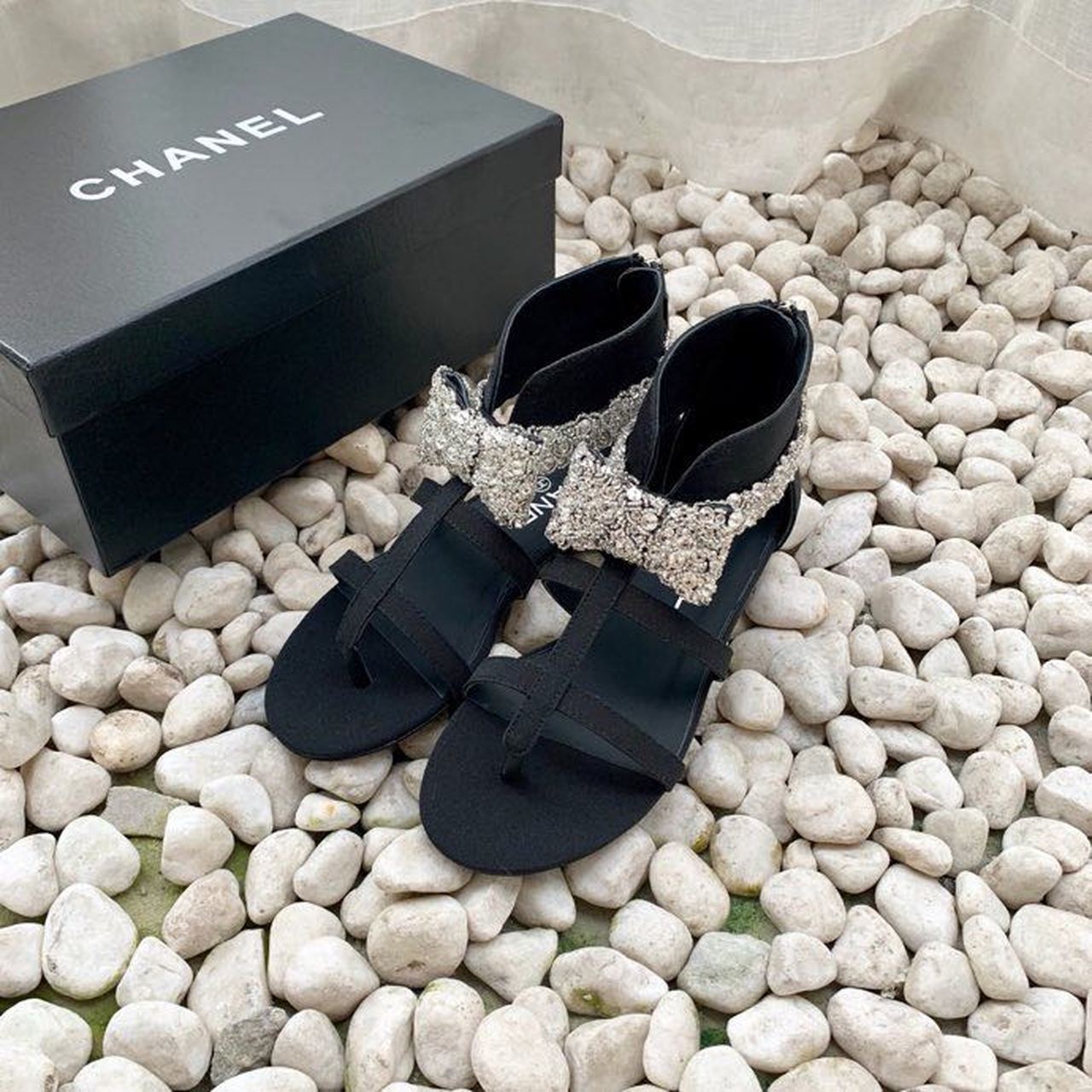 Chanel Strappy Gladiator Bow Embellished Sandals Calfskin Leather Spring/Summer Collection Black