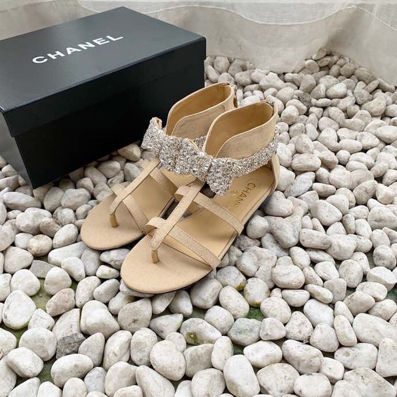 Chanel Strappy Gladiator Bow Embellished Sandals Calfskin Leather Spring/Summer Collection Beige