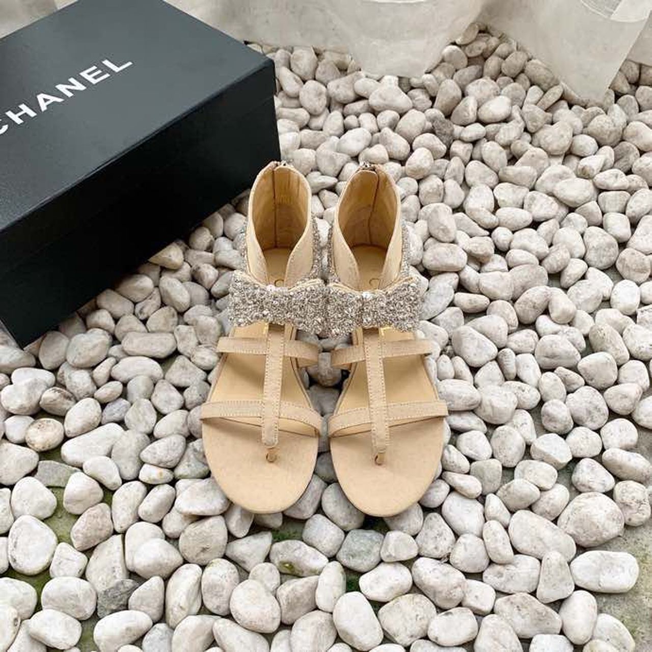 Chanel Strappy Gladiator Bow Embellished Sandals Calfskin Leather Spring/Summer Collection Beige