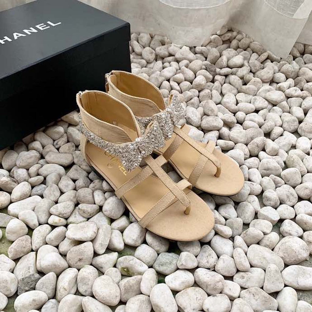Chanel Strappy Gladiator Bow Embellished Sandals Calfskin Leather Spring/Summer Collection Beige